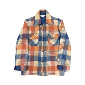 JC Penney Flannel Jacket Boys L Orange Blue Plaid Excellent 70s Vintage Shacket